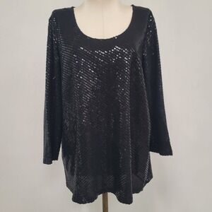 Calvin Klein‎ Womens 3/4 Sleeve Sequin Top Size 1X Black Disco Glam Corpcore